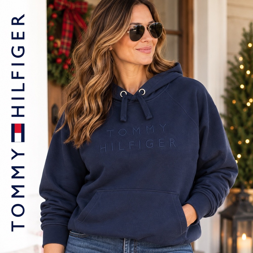 Tommy Hilfiger Hoodie Women Size M Navy Blue Embossed Logo Raglan Sweatshirt